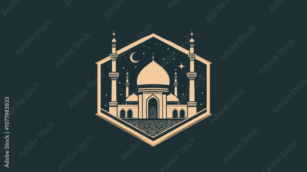 Golden Mosque Icon with Crescent Moon and Stars in Hexagon Frame Golden Mosque Icon with Crescent Moon and Stars in Hexagon Frame