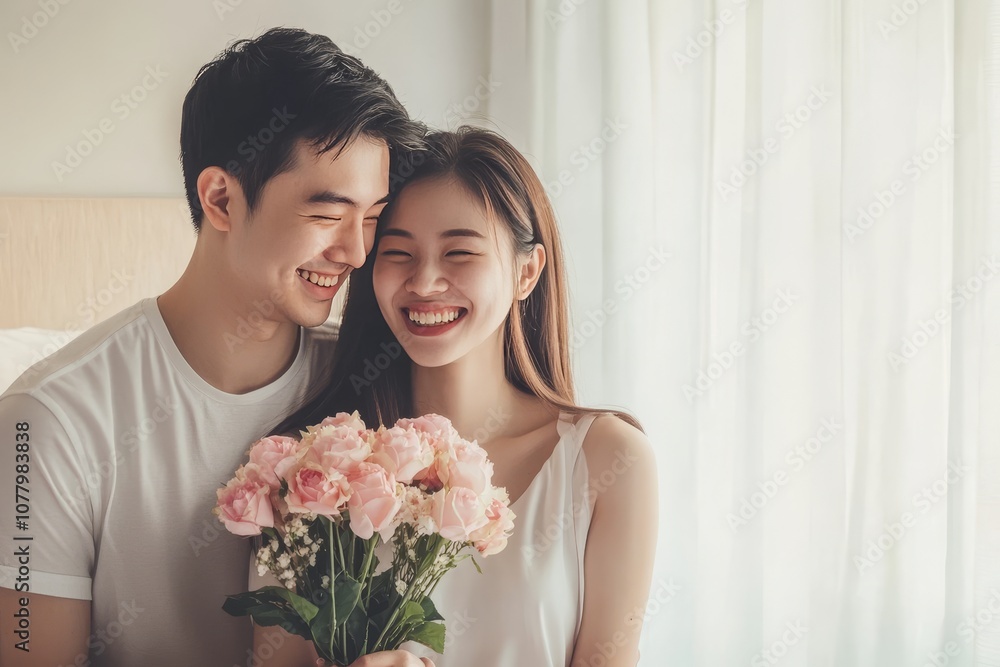 Asian couple exchanging gifts and flowers in a cozy bedroom on special romantic occasions. Asian couple exchanging gifts and flowers in a cozy bedroom on special romantic occasions.