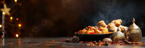 Tunisian independence day celebration with traditional dishes and tea. Independence day of Tunisia. Horizontal banner. Copy space. Holiday food on a table