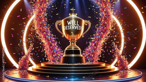 A Golden Trophy Surrounded by Confetti on a Podium