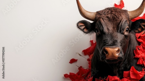 Spanish san fermín celebration flat lay with bull and red petals for festive design photo