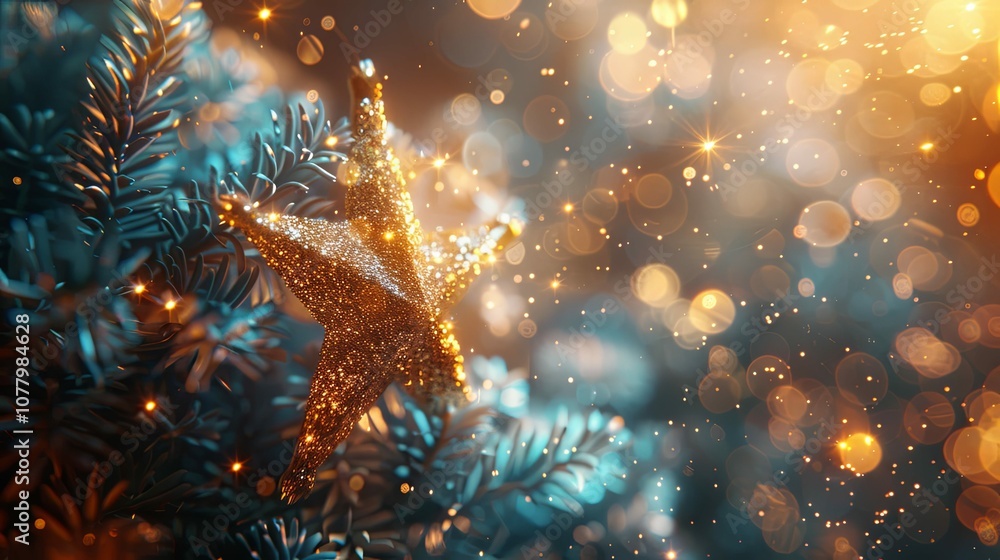 A Glittering Star Ornament on a Christmas Tree Branch with Bokeh Lights A Glittering Star Ornament on a Christmas Tree Branch with Bokeh Lights