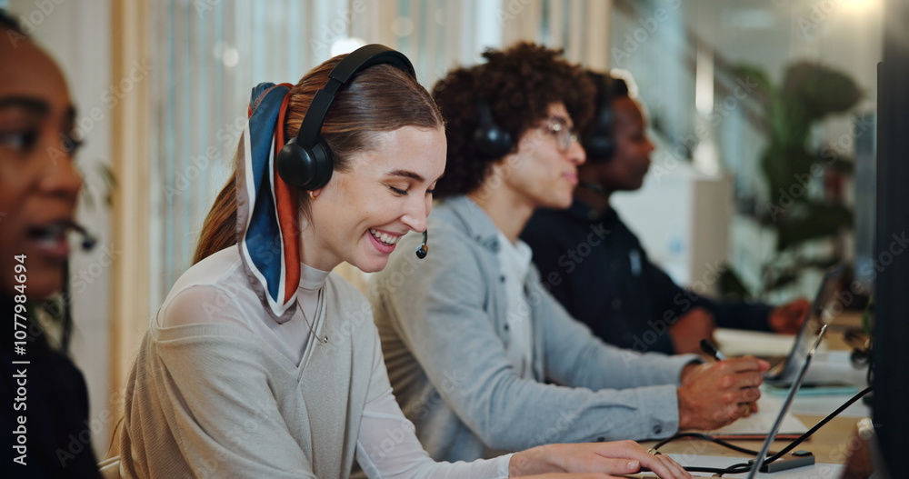 © peopleimages.com - Consultant, call center and laughing with woman in office for customer service, funny or contact us. Ecommerce help desk, communication and sales with people in crm agency for billing inquiry