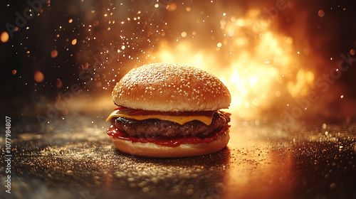 A classic cheeseburger featuring a juicy beef patty, fresh lettuce, and tomato, topped with melted cheese, is placed on a rustic wooden surface. Flames and smoke add a dramatic effect.