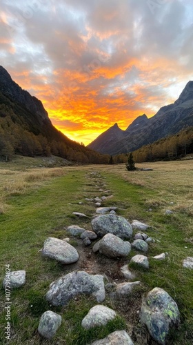 Stunning silhouetted mountains against a fiery orange sunset in a tranquil valley photo