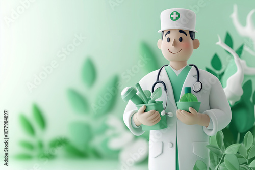 Eco-friendly doctor holding sustainable medical tools.