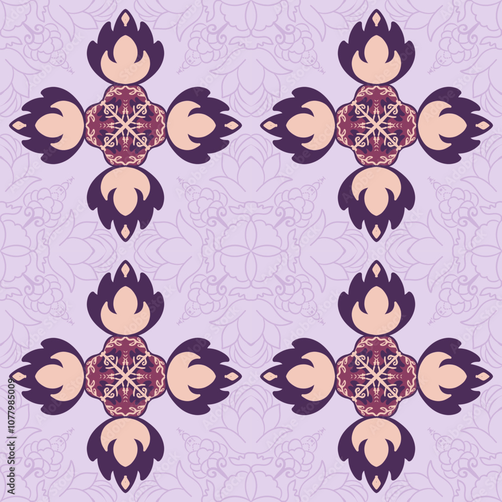 Fototapeta premium Beautiful Hand drawn seamless patterns for fabric, textiles, clothing, wrapping paper, cover, rug, home decor, abstract backgrounds in purple color vector file.