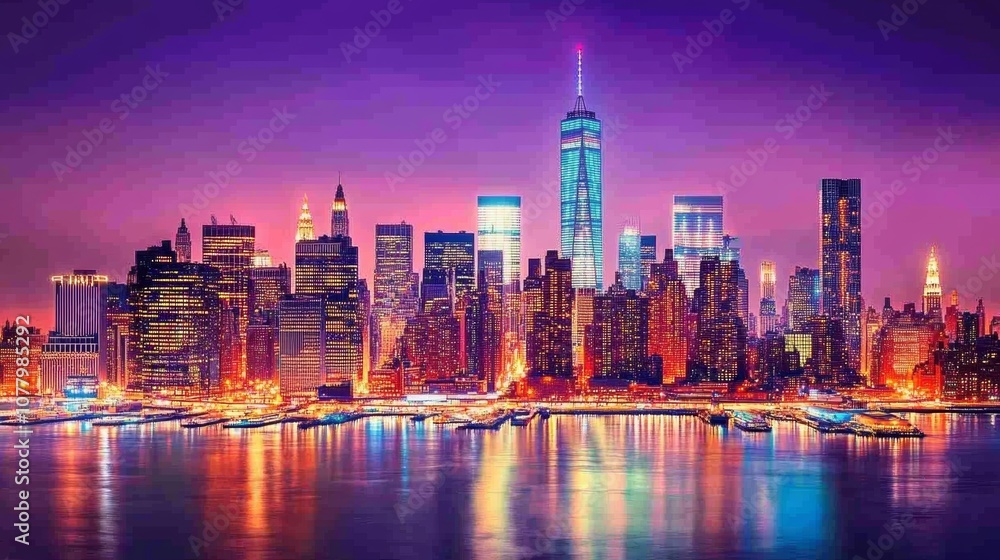Fototapeta premium New York City skyline at night with illuminated skyscrapers