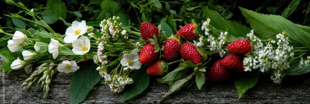 Swedish midsummer celebration flat lay with flowers and strawberries Swedish midsummer celebration flat lay with flowers and strawberries