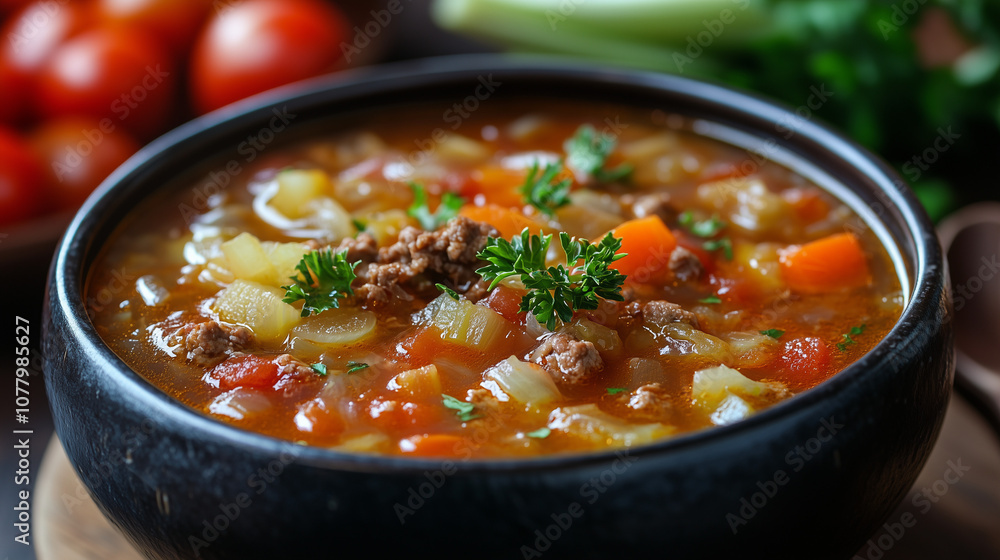 Hearty vegetable and beef stew served in a rustic wooden bowl, garnished with fresh parsley and surrounded by vibrant tomatoes. Hearty vegetable and beef stew served in a rustic wooden bowl, garnished with fresh parsley and surrounded by vibrant tomatoes.