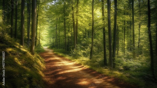 A serene forest path illuminated by sunlight, inviting exploration and tranquility.