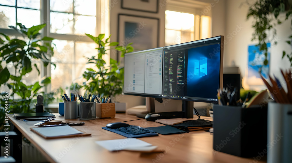 Office Desk. Minimalist home office setup with dual monitor. Office Desk. Minimalist home office setup with dual monitor.