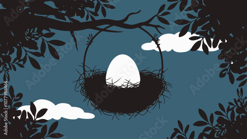 Dark silhouette branches, moonlit sky, bird's nest with egg, white clouds, blue night background, minimalist illustration, paper cut-out style.