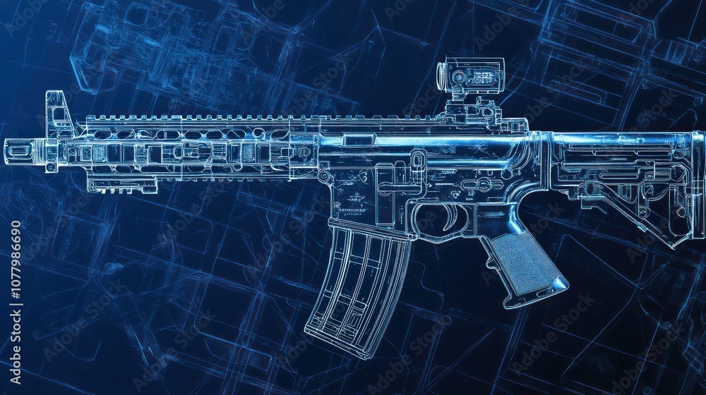 Fototapeta premium Detailed photorealistic blueprint of a weapons forend, showing the rail system, grip, and handguard components for tactical accessories