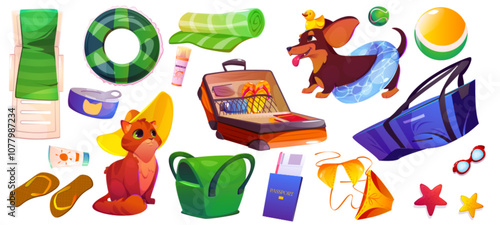 Pet friendly summer vacation items with playful cat and dachshund in inflatable ring. Cartoon travel essentials set - suitcase and backpack, swimming gear and beach toys, passport and clothes.