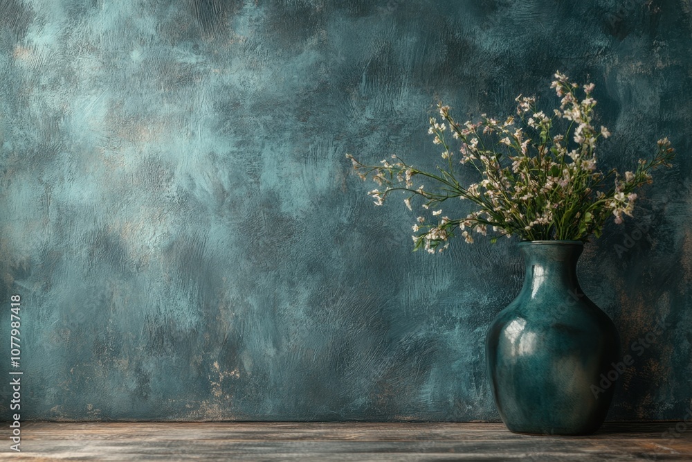 Blue vase with white flowers on wooden table in front of a textured blue wall. Blue vase with white flowers on wooden table in front of a textured blue wall.