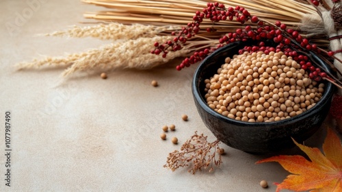Traditional japanese setsubun decor featuring soybeans and autumn leaves for seasonal celebration