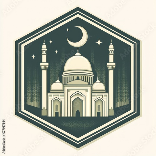 Mosque Illustration with Crescent Moon and Stars in Hexagon Frame photo