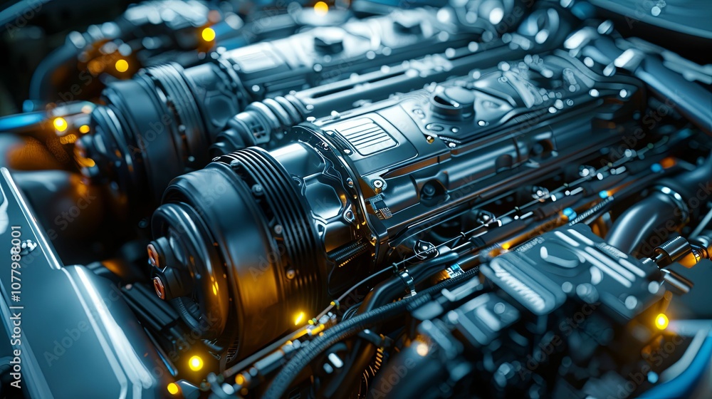 Close-up of a Shiny Black Car Engine with Glowing Lights Close-up of a Shiny Black Car Engine with Glowing Lights