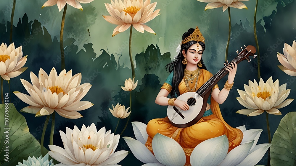 Illustration of the goddess sarasvati for vasant panchami in cartoon style.