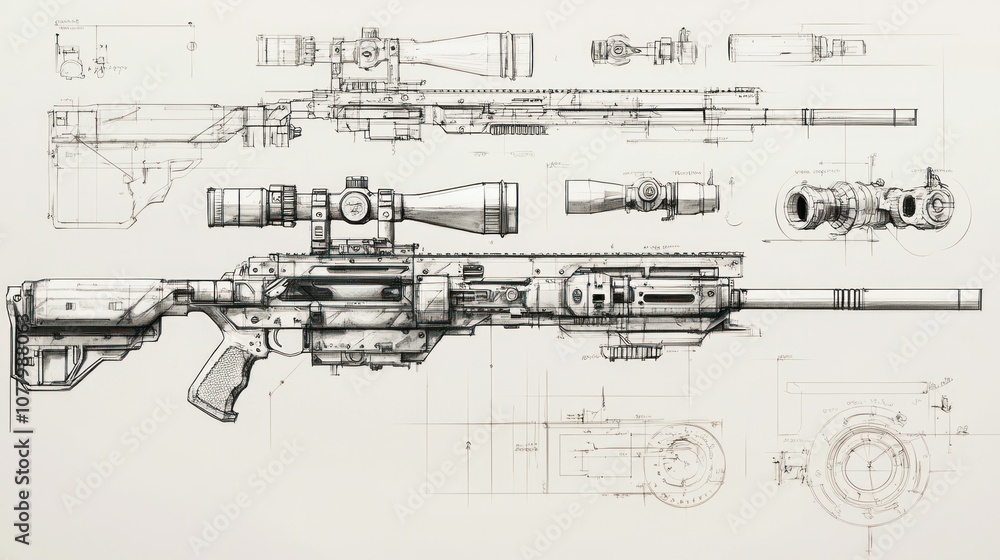 Obraz premium Detailed rendering of a weapon's sights and optics, including iron sights, scopes, and mounting systems in technical detail