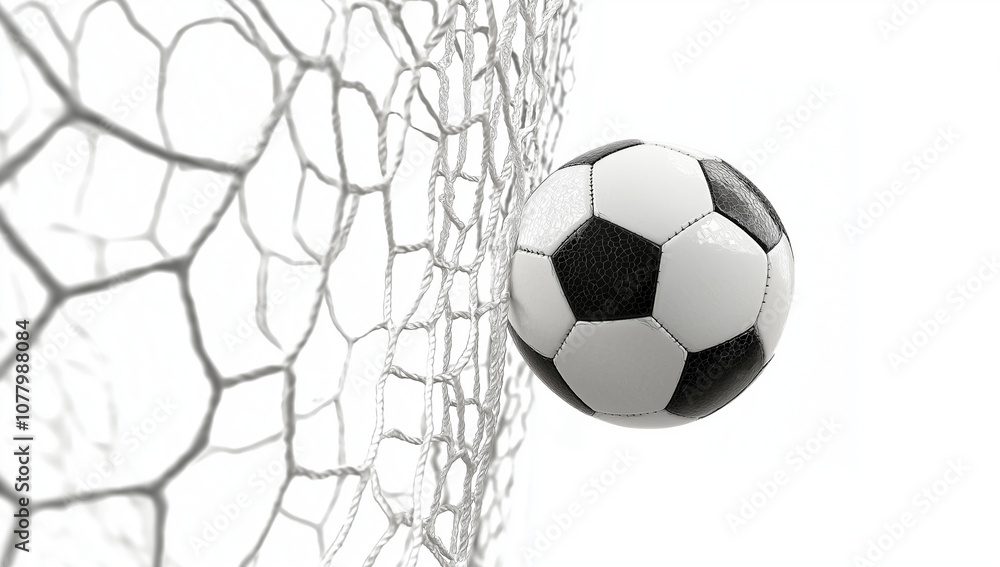 Fototapeta premium Soccer Ball Hitting Net on White Background Isolated