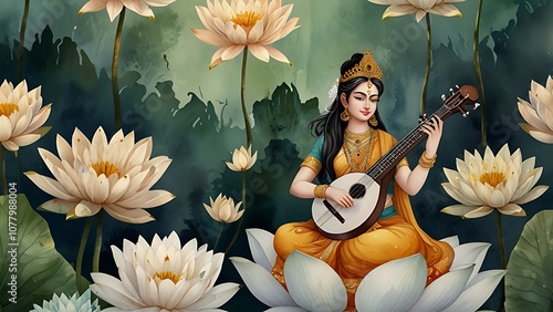Obraz na płótnie Illustration of the goddess sarasvati for vasant panchami in cartoon style. w salonie