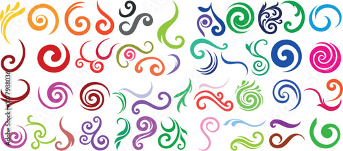 Colorful abstract swirls and curls vector set, featuring vibrant spiral, wave, and twirl designs. Ideal for swirl, spiral and curl for decorative projects, digital art, and graphic design elements
