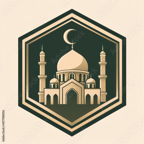 Mosque Illustration with Crescent Moon in Hexagon Frame photo