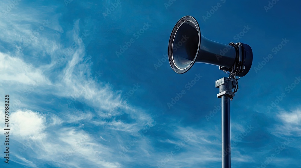 A Solo Megaphone Standing Tall Against a Bright Blue Sky with Wispy Clouds, Symbolizing Communication, Announcements, and Public Speaking Engagements in an Open Space A Solo Megaphone Standing Tall Against a Bright Blue Sky with Wispy Clouds, Symbolizing Communication, Announcements, and Public Speaking Engagements in an Open Space