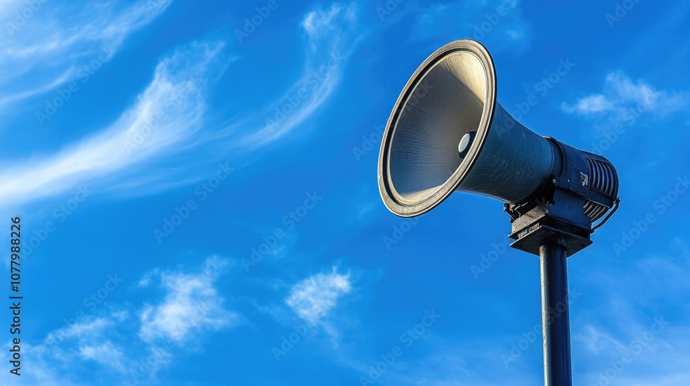 Loudspeaker Against Clear Blue Sky with Soft Clouds, Symbolizing Communication and Announcement in Open Spaces, Perfect for Media, Events, and Technology Concepts Loudspeaker Against Clear Blue Sky with Soft Clouds, Symbolizing Communication and Announcement in Open Spaces, Perfect for Media, Events, and Technology Concepts