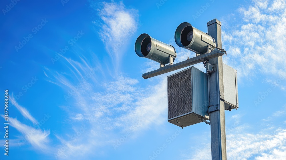 Weather Alert System with Twin Speakers on a Metal Pole Against a Clear Blue Sky and Wispy White Clouds in the Background Weather Alert System with Twin Speakers on a Metal Pole Against a Clear Blue Sky and Wispy White Clouds in the Background