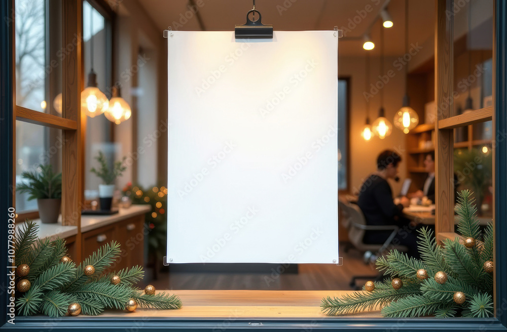 Cozy office workspace with blank poster and festive holiday decorations Cozy office workspace with blank poster and festive holiday decorations