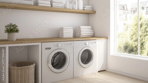 Modern and Bright Laundry Room with White Appliances, Wooden Shelves, Neatly Stacked Towels, and Natural Light Streaming Through Large Windows