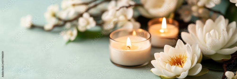 Tranquil wesak day flat lay with lotus flowers and candles for malaysian celebration Tranquil wesak day flat lay with lotus flowers and candles for malaysian celebration