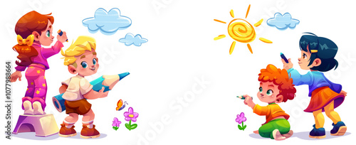 Playful cartoon kids drawing with crayon together on wall. Cute happy children create art - flowers with butterfly, sun and clouds. Girls and boys painting childish pictures for school content.