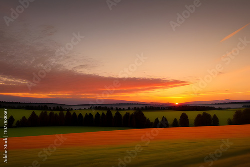 Wallpaper Mural landscape red sky and green meadow sunset Torontodigital.ca