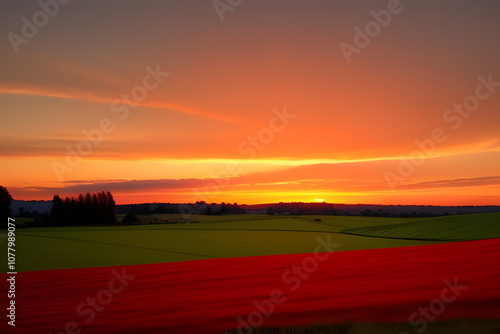 landscape red sky and green meadow sunset