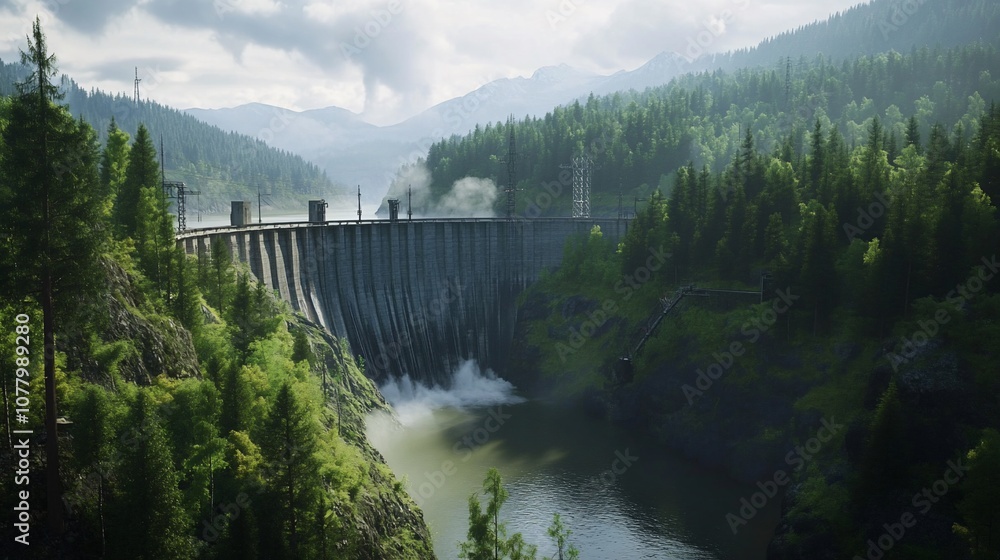 A large concrete dam with water rushing over the spillway, surrounded by a lush green forest. A large concrete dam with water rushing over the spillway, surrounded by a lush green forest.