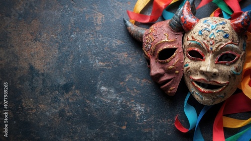 Venezuelan diablos danzantes masks with colorful ribbons for cultural celebration design photo