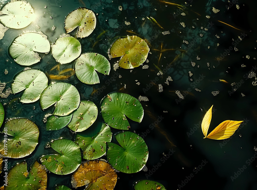 Top view of lily pads and water leaves floating on the dark lake, sunlight reflecting in the pond, golden leaves floating around Top view of lily pads and water leaves floating on the dark lake, sunlight reflecting in the pond, golden leaves floating around