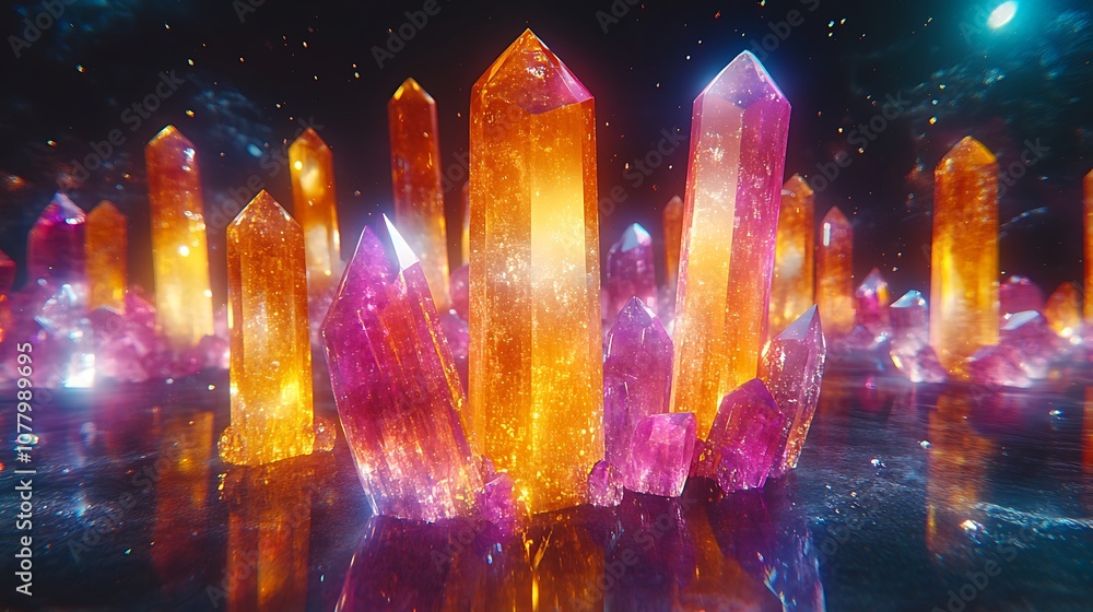 A cluster of glowing orange and purple crystals with a reflective surface in the foreground and a starry night sky background. A cluster of glowing orange and purple crystals with a reflective surface in the foreground and a starry night sky background.