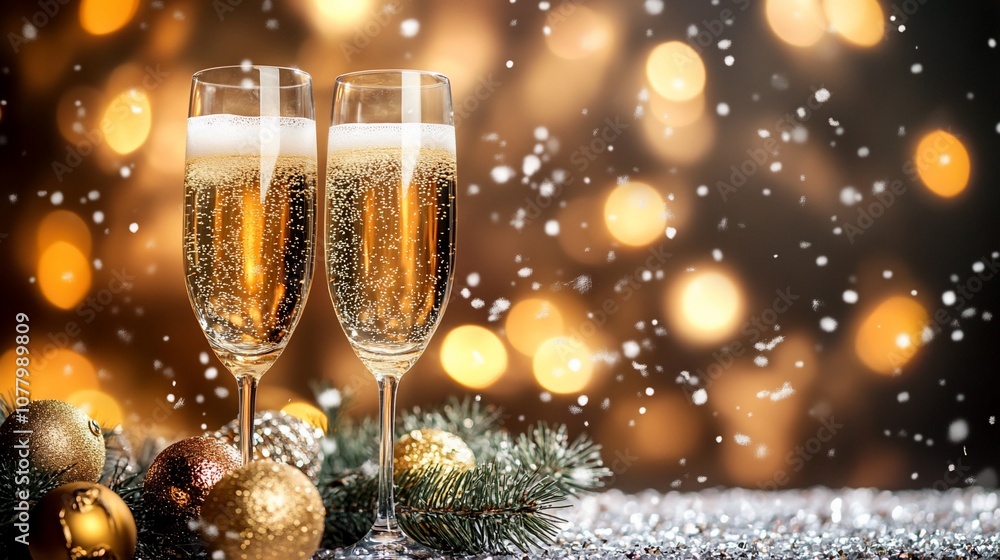 Two champagne flutes with golden bokeh lights and Christmas ornaments. Two champagne flutes with golden bokeh lights and Christmas ornaments.