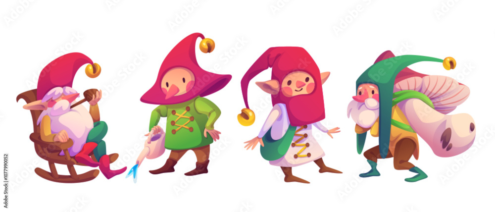 Cute garden gnomes set isolated on white background. Vector cartoon illustration of old elf smoking pipe in armchair, fairytale character watering plant, carrying mushroom, wearing red hats with bells Cute garden gnomes set isolated on white background. Vector cartoon illustration of old elf smoking pipe in armchair, fairytale character watering plant, carrying mushroom, wearing red hats with bells