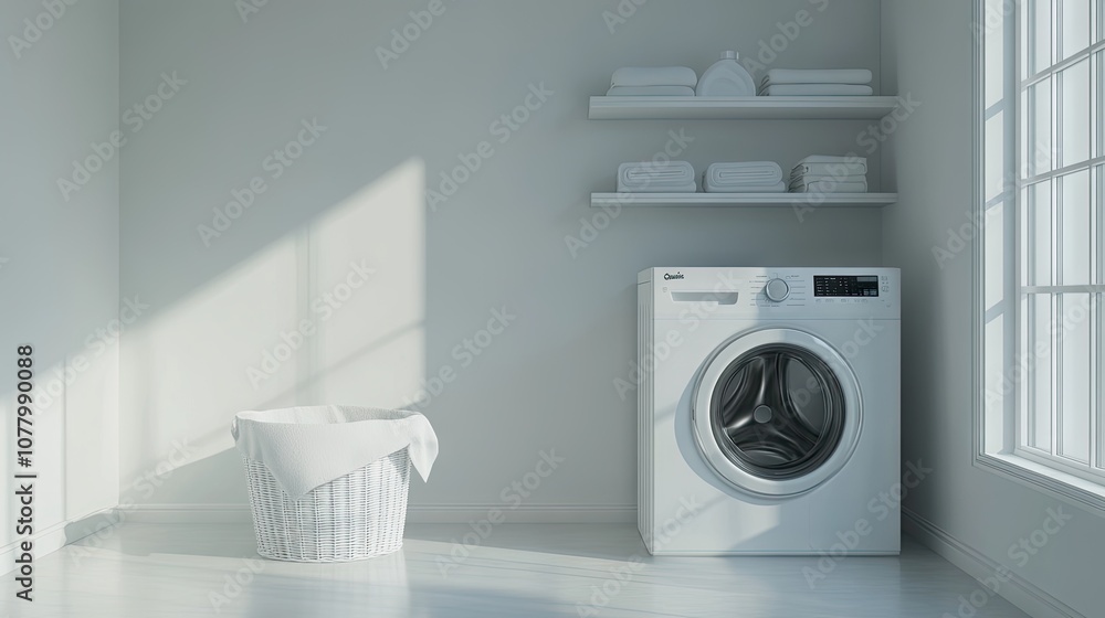 Modern Laundry Room with Washing Machine and Neatly Organized Towels in Minimalist Design, Natural Light Streaming Through the Window, Stylish Interior Decor Modern Laundry Room with Washing Machine and Neatly Organized Towels in Minimalist Design, Natural Light Streaming Through the Window, Stylish Interior Decor