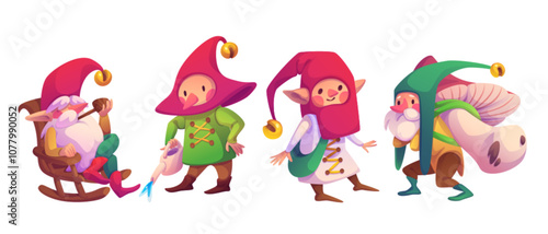 Cute garden gnomes set isolated on white background. Vector cartoon illustration of old elf smoking pipe in armchair, fairytale character watering plant, carrying mushroom, wearing red hats with bells