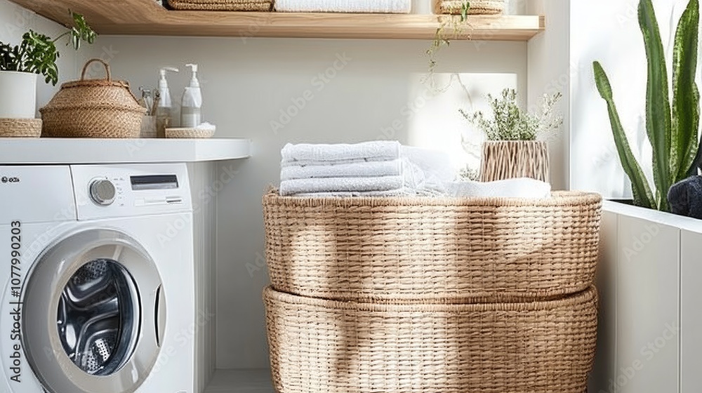 Cozy and Inviting Laundry Room with Natural Elements Featuring Wicker Baskets, Fresh Towels, and Green Plants for a Tranquil Home Aesthetic Cozy and Inviting Laundry Room with Natural Elements Featuring Wicker Baskets, Fresh Towels, and Green Plants for a Tranquil Home Aesthetic