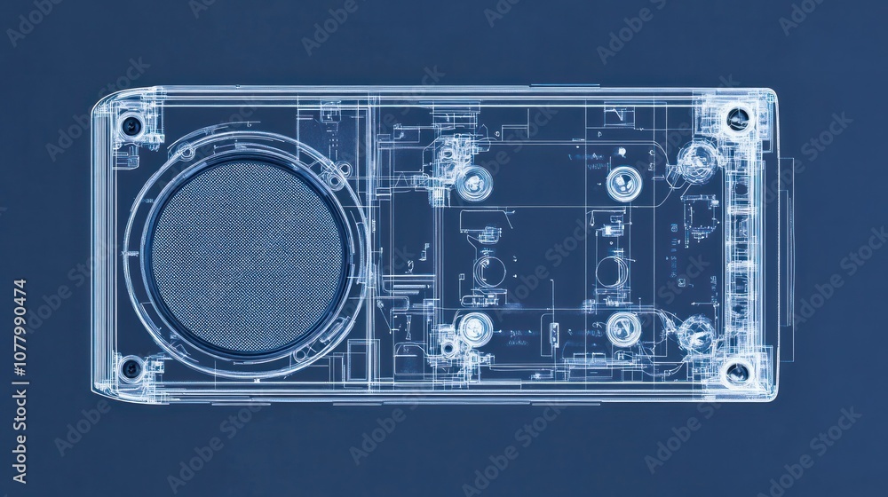 Fototapeta premium Photorealistic blueprint of a phones speaker system, detailing the speaker driver, magnets, and internal wiring with clear annotations