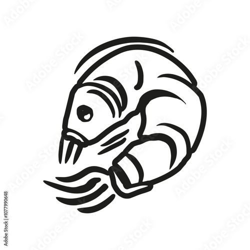 A detailed illustration of a shrimp, showcasing its distinctive features in a simple, elegant line art style