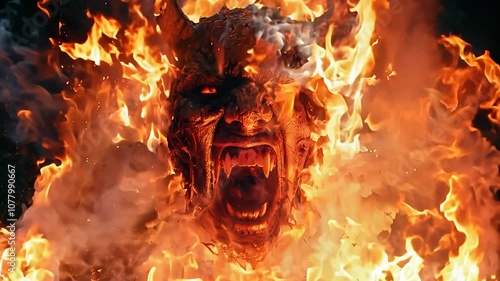 A terrifying figure appears amidst the blazing fire, embodying the essence of evil. The flames dance around the devilish visage, creating an intense and chilling atmosphere.
